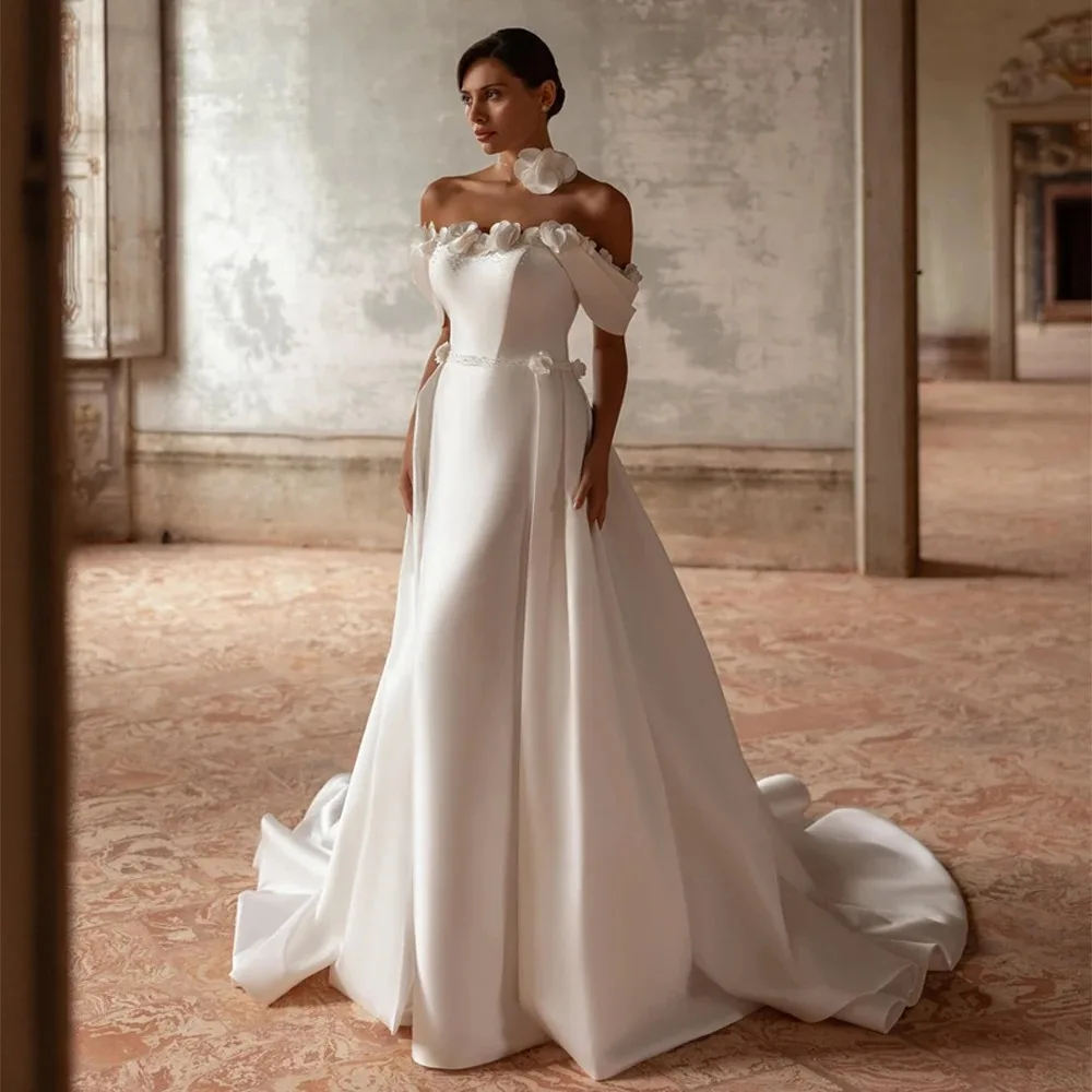 بوهو قبالة الكتف الساتان حورية البحر مثير ثوب الزفاف زر الظهر الزهور الصناعية فستان الزفاف مع قطار للانفصال مخصص #1