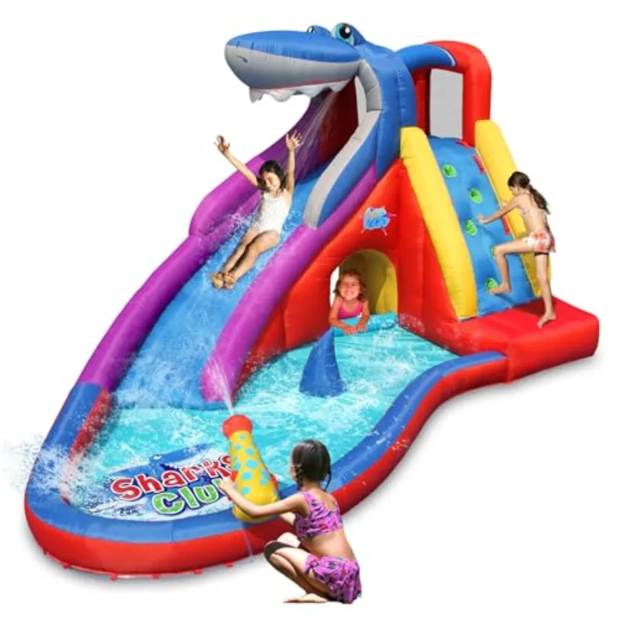 Tobogán acuático inflable para patios traseros, castillo inflable con tobogán en forma de tiburón rojo para uso en seco y mojado, incluye rociador de agua.