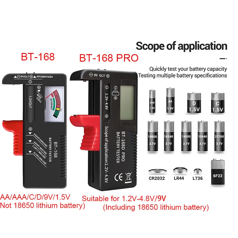

BT-168/BT-168PRO Digital Battery Capacity Tester AA AAA C D 9V 1.5V Button Cell 18650 Lithium Battery Tester Tool