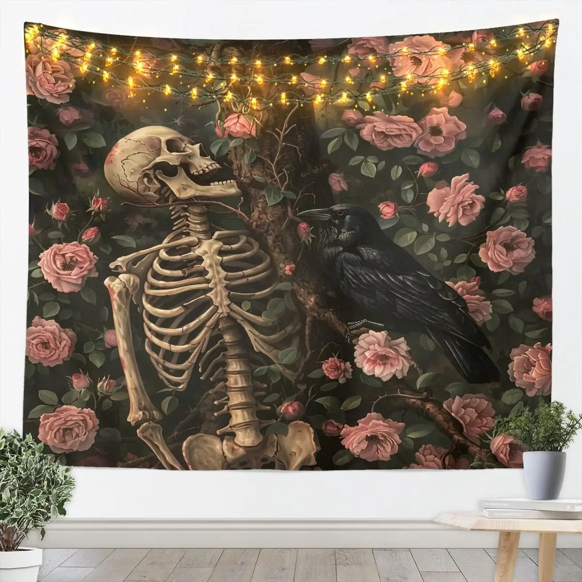 Happy Halloween Tapestry Skull Printed Wall Art for Living Room Bedroom Horror Theme Wall Hanging Blanket Tree Branches Home