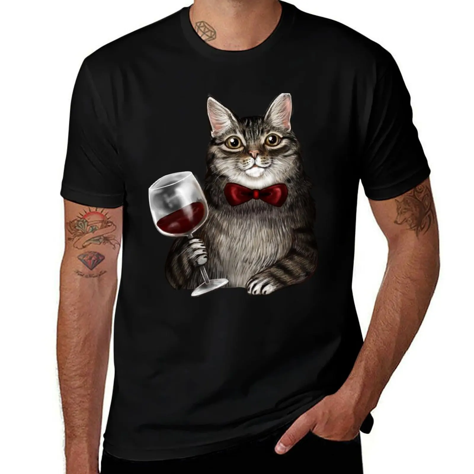 

Wine Cat Grey Tabby T-Shirt man t shirt designer t shirt for man 100 percent cotton T-Shirt