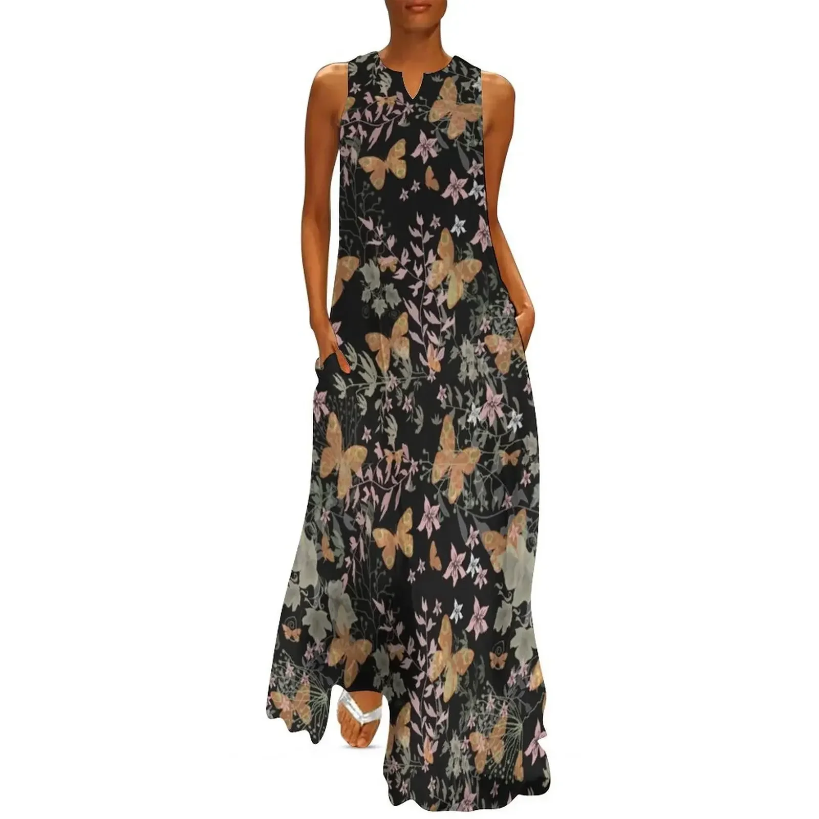 

Night grunge butterfly floral leaves flowers black background Long Dress women's summer clothing 2025 Long dresses Dress