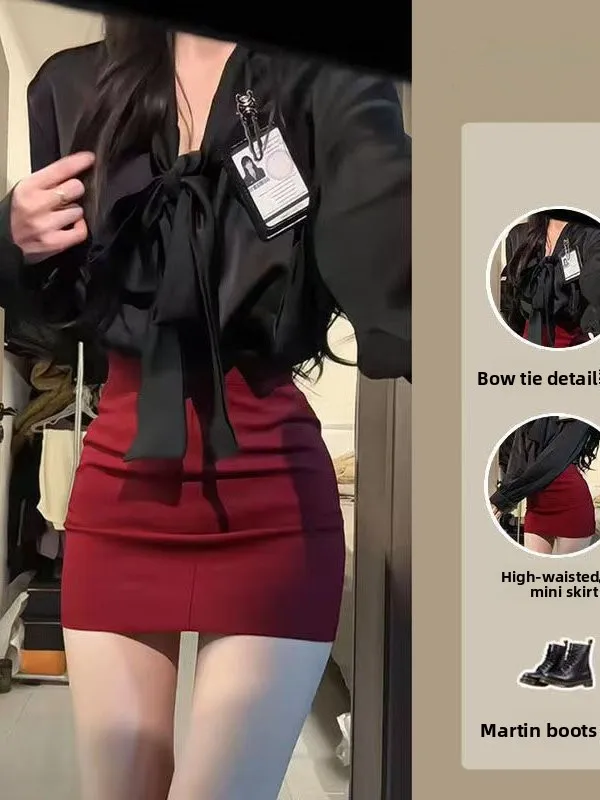 Pure Desire Style Black Satin Shirt with Belt Long Sleeve  Knot Top High Waist Slim Fit Butt Covering Skirt Two Piec...