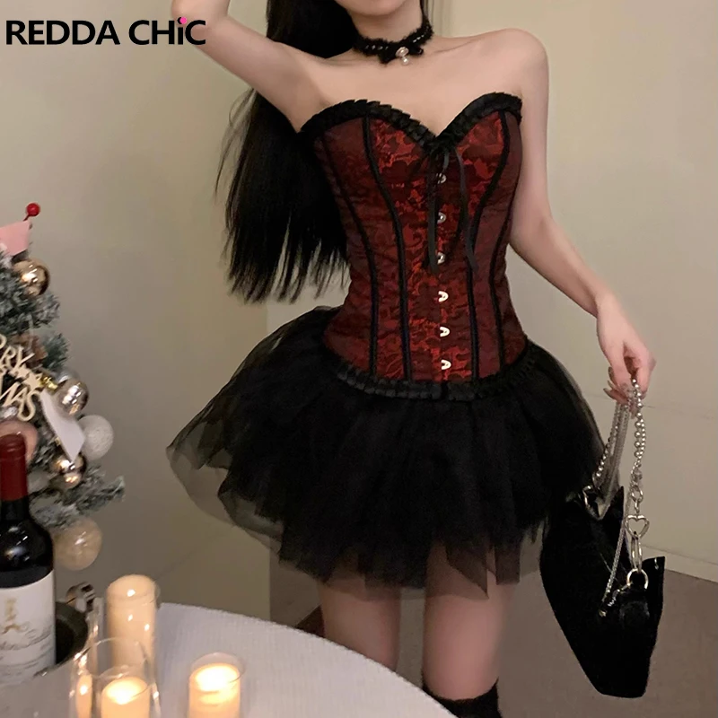 

REDDACHiC Hooks & Eyes Boned Corset Skirt Women 2-piece Set Medieval Retro Off-shoulder Lace Frill Textured Tube Top Tulle Tutu