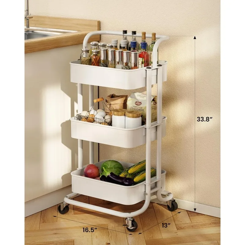 3 Tier Mesh Utility Cart, Rolling Metal Organization Cart with Handle and Lockable Wheels, Multifunctional Storage Shelves