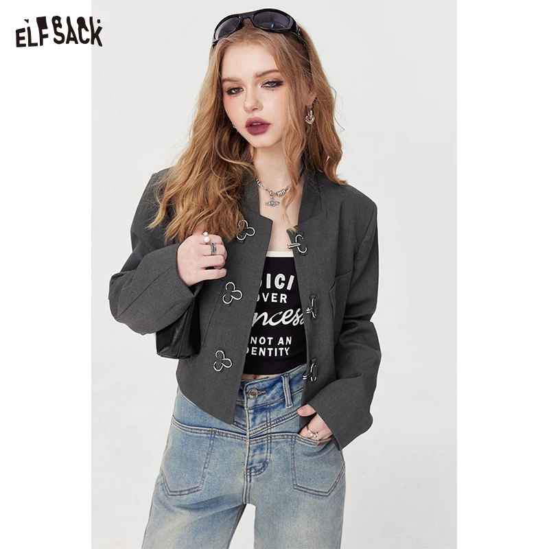 

ELFSACK solid color new Chinese style unique coppprf blazer for women 2024 spring new lapel cool girl grey cropped top blazer co