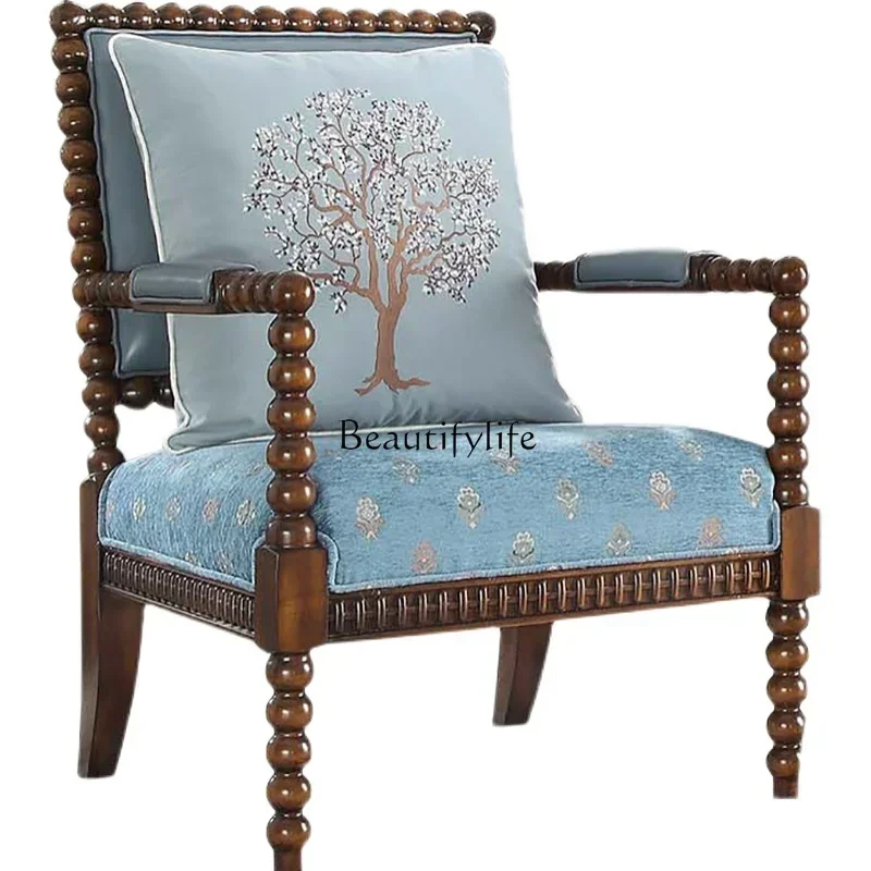 

American Single Sofa eather Back Chair iving Room Solid Wood Fabric casual Chair European Style