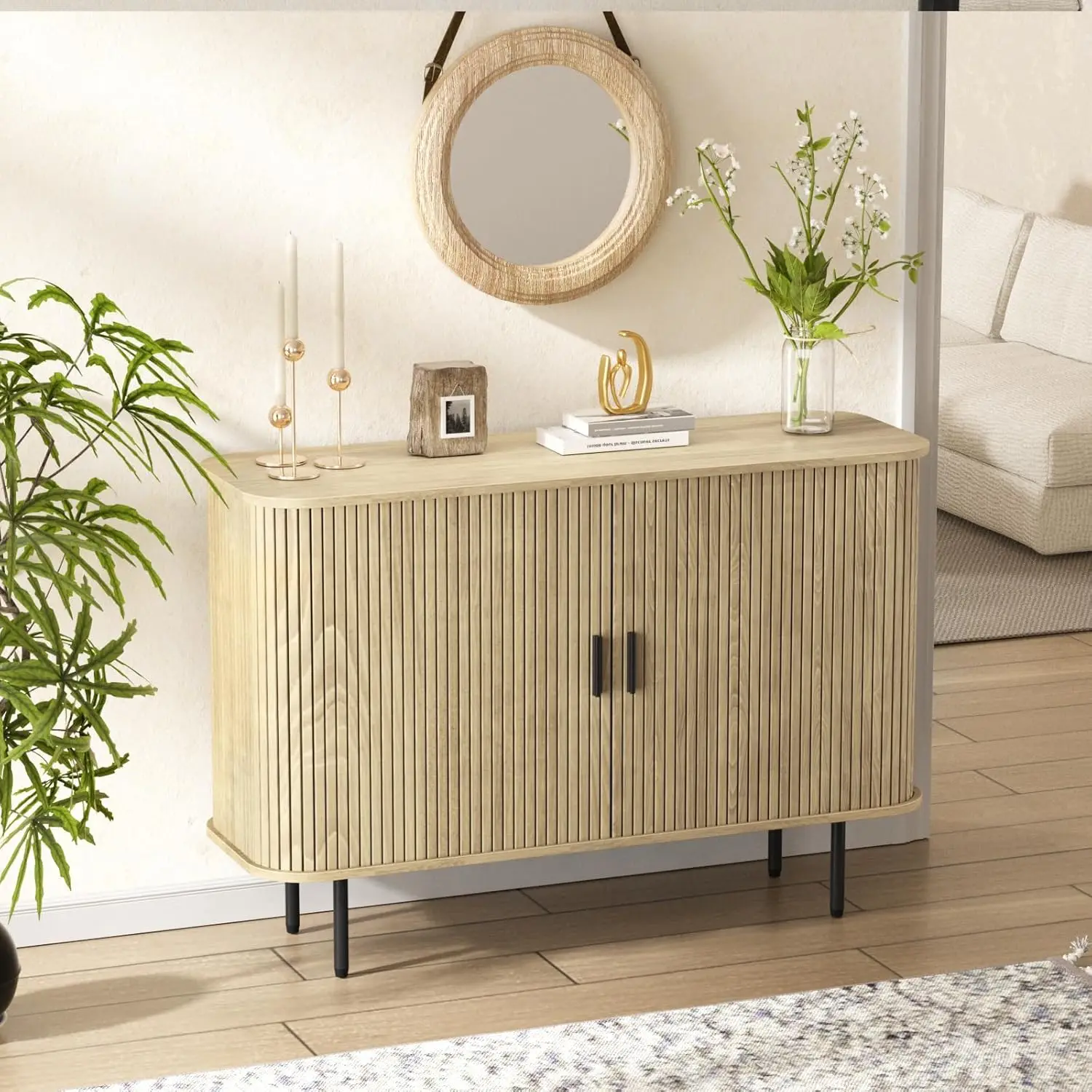 Aparador buffet natural de 47''W x 32''H con almacenamiento, gabinete de almacenamiento estriado con borde curvo; Puerta corredera, cabina decorativa