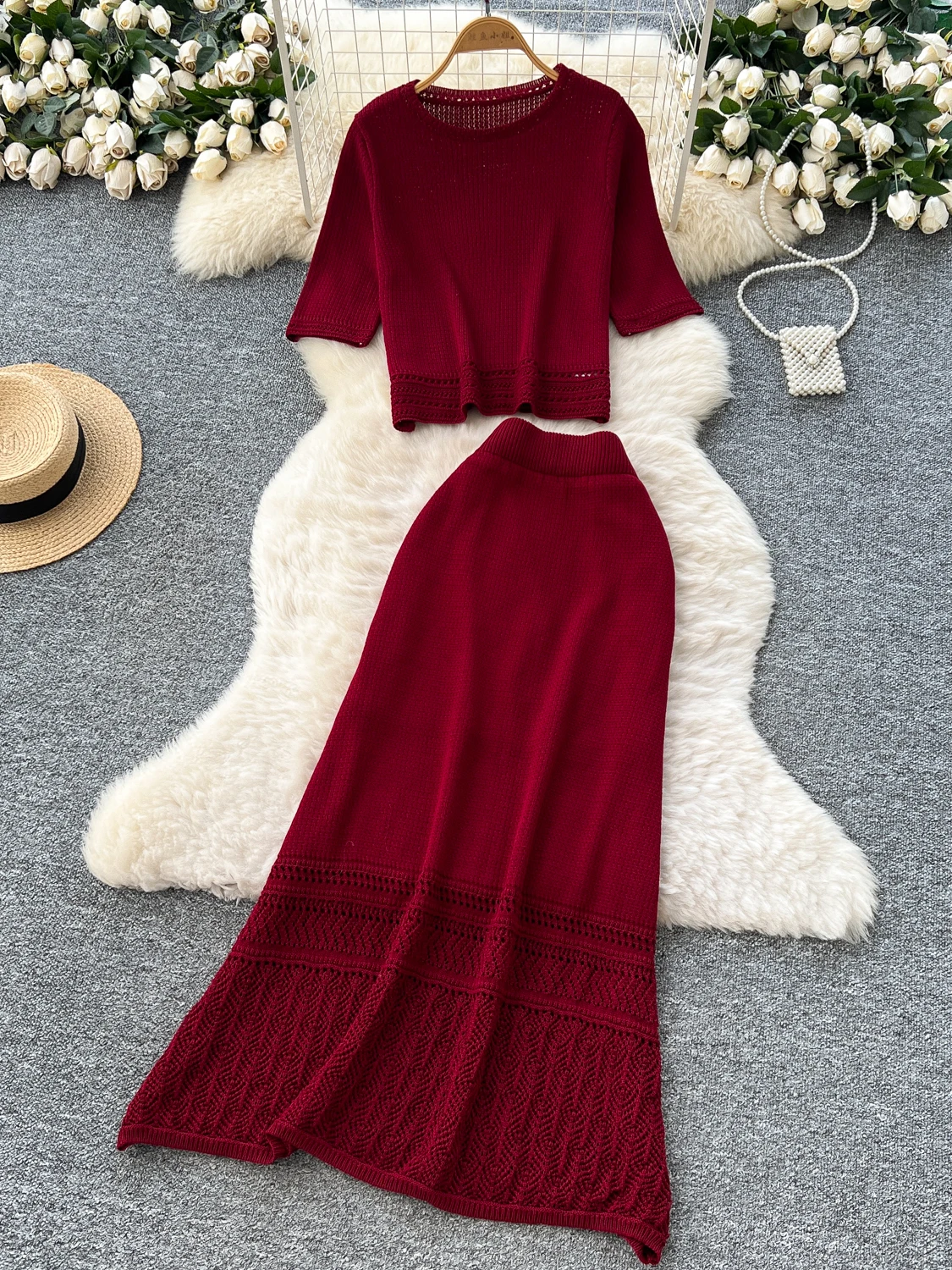 Korean Sle High Waist Knitted ort Sve round Ne Top with Hollow out Hook Embroidery Skirt Faionable mat Set ...