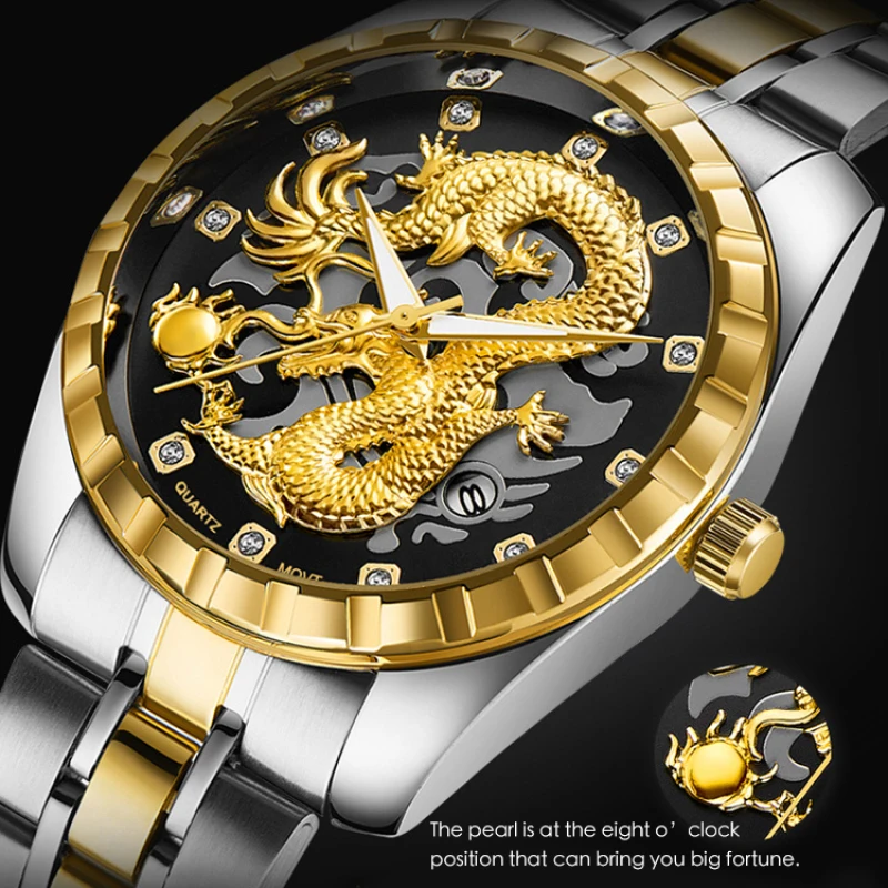 Montre à quartz avec bracelet en acier pour homme, motif dragon véritable 3D, bijoux de luxe, mode