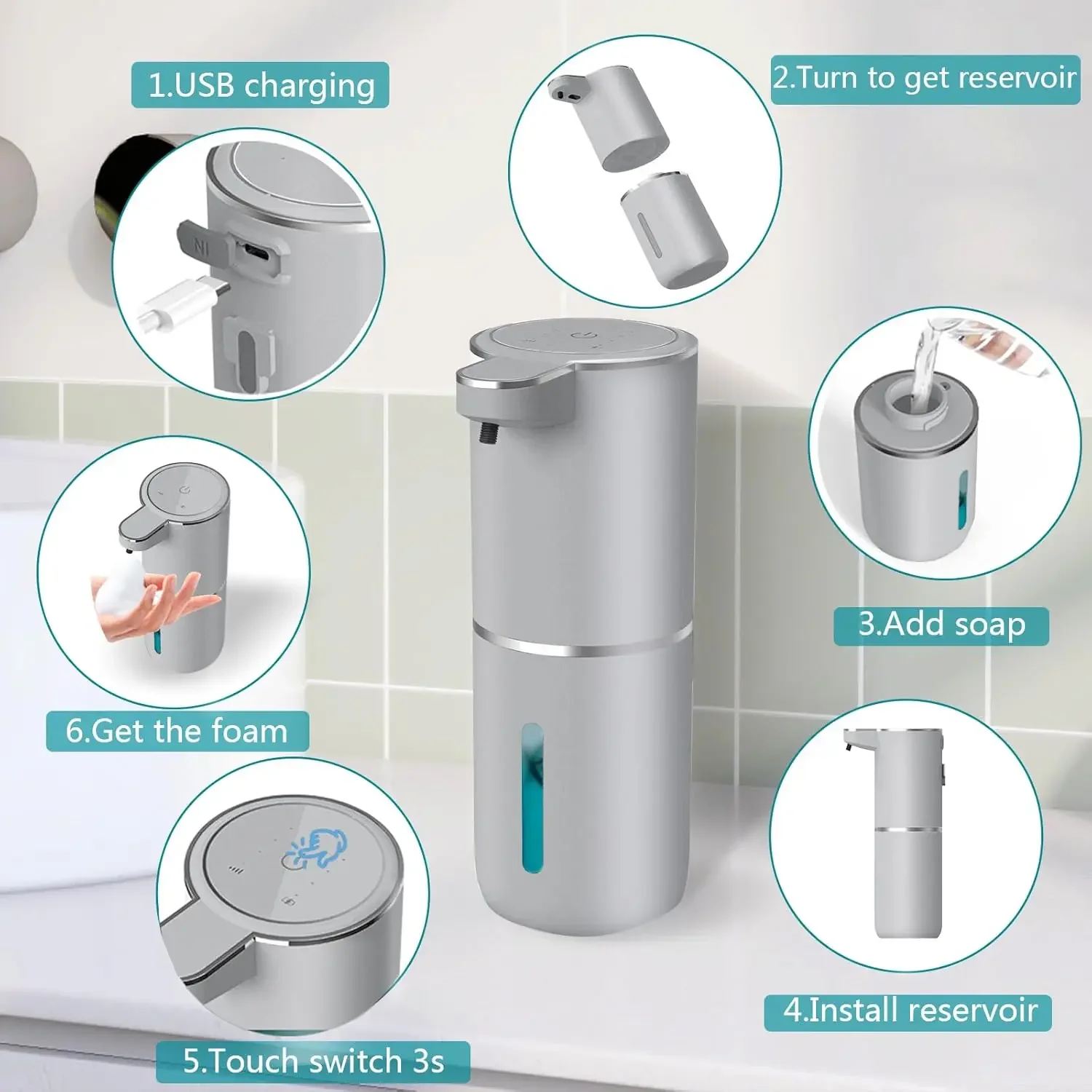 Dispensador de jabón para baño, cocina, 380ml, Sensor sin contacto, lavado inteligente de manos, dispensador automático de jabón de espuma ajustable de 4 niveles