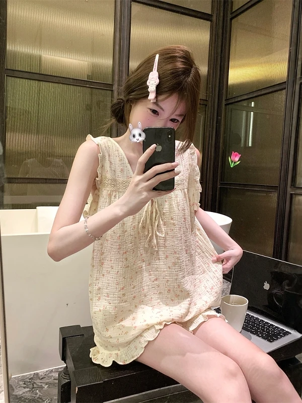 Pure Cotton Gauze Pajamas Women's Summer Short-sleeved Korean  Sweet Girl Floral V-neck Sexy Suspender Lace Loungewear Set