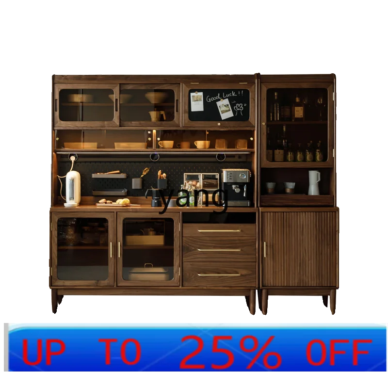 

YJQ black walnut side cabinet solid wood wine cabinet living room integrated wall storage high cabinet