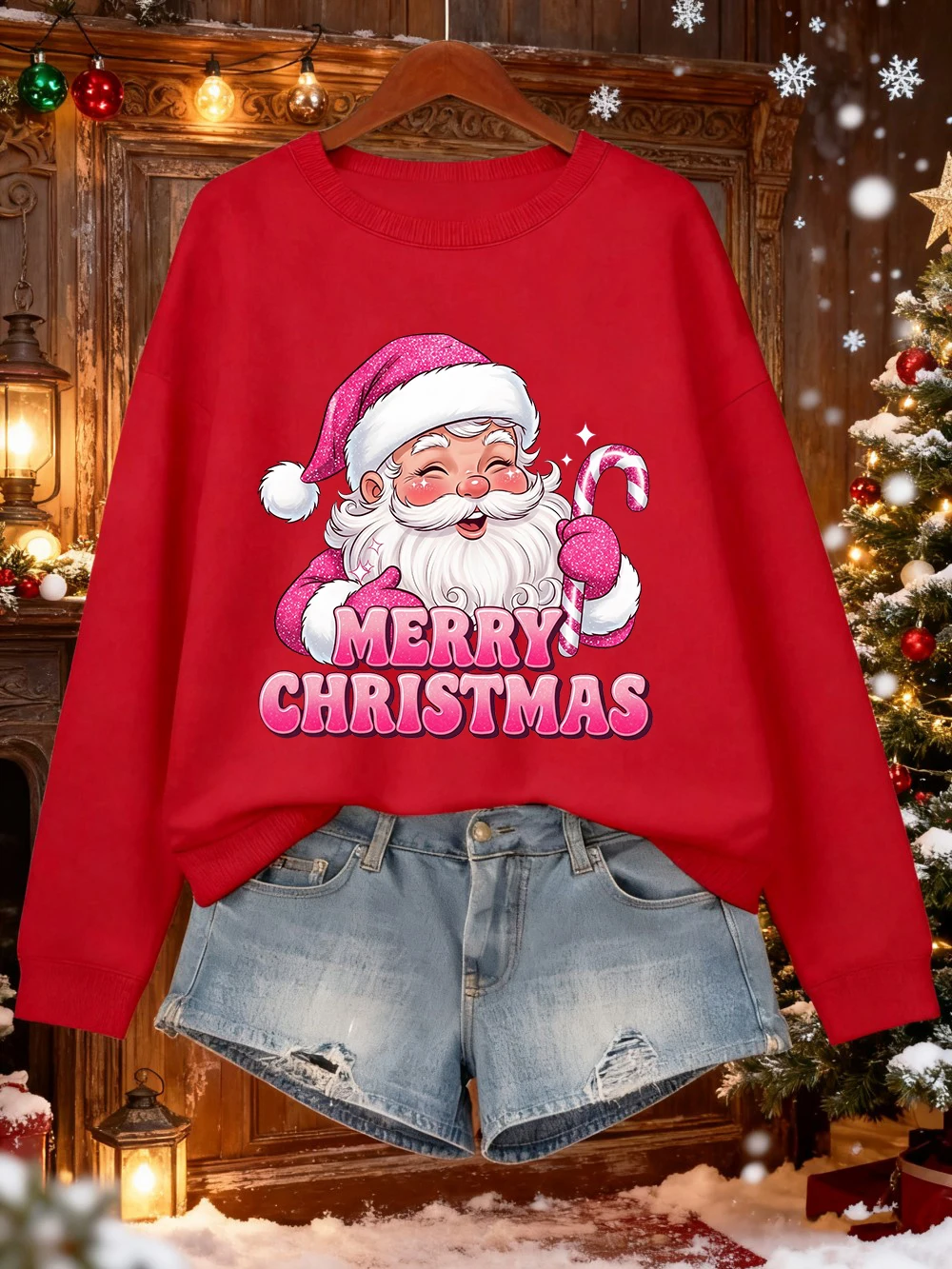 Vrolijk Kerstfeest Roze Kerstman Prints Sweatshirt Dames Crewneck Basics Hoodie Losse Fleece Warme Trui Winter Casual Kleding