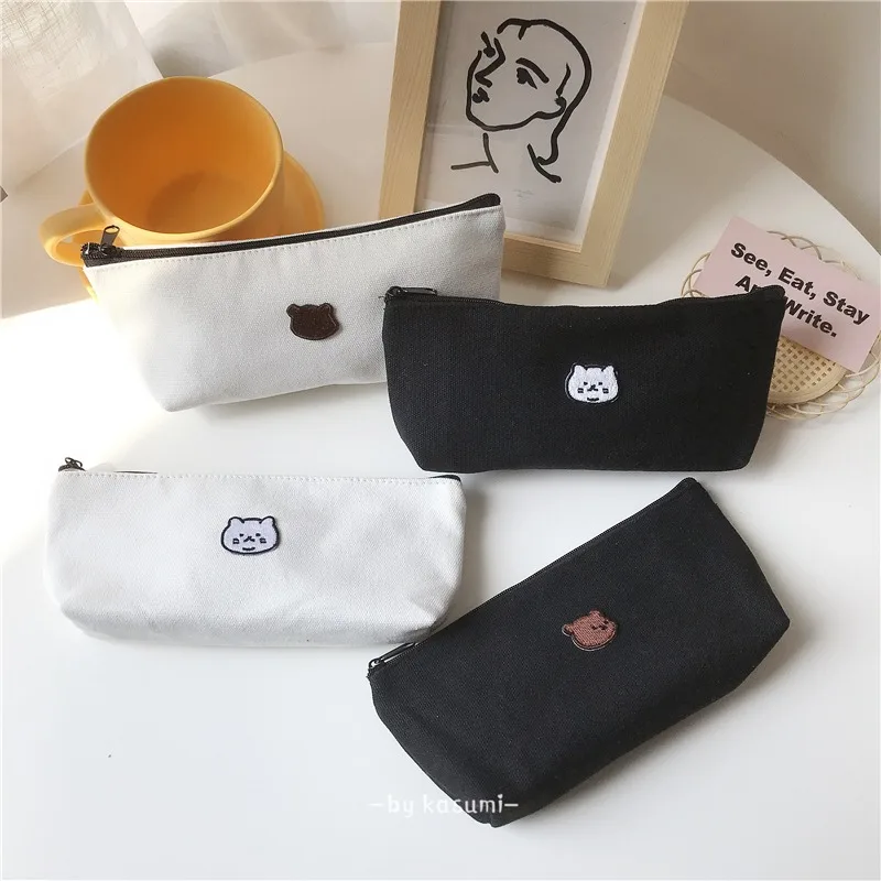 Minimalist Embroidered Canvas Triangular Pencil Case - Bear Design Cosmetic Bag for Friends & Couples
