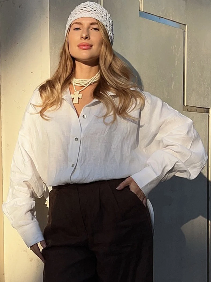Coton blanc à manches longues Blouse femmes été nouveau col rabattu simple boutonnage Chic Blouses Simple décontracté mode chemise hauts