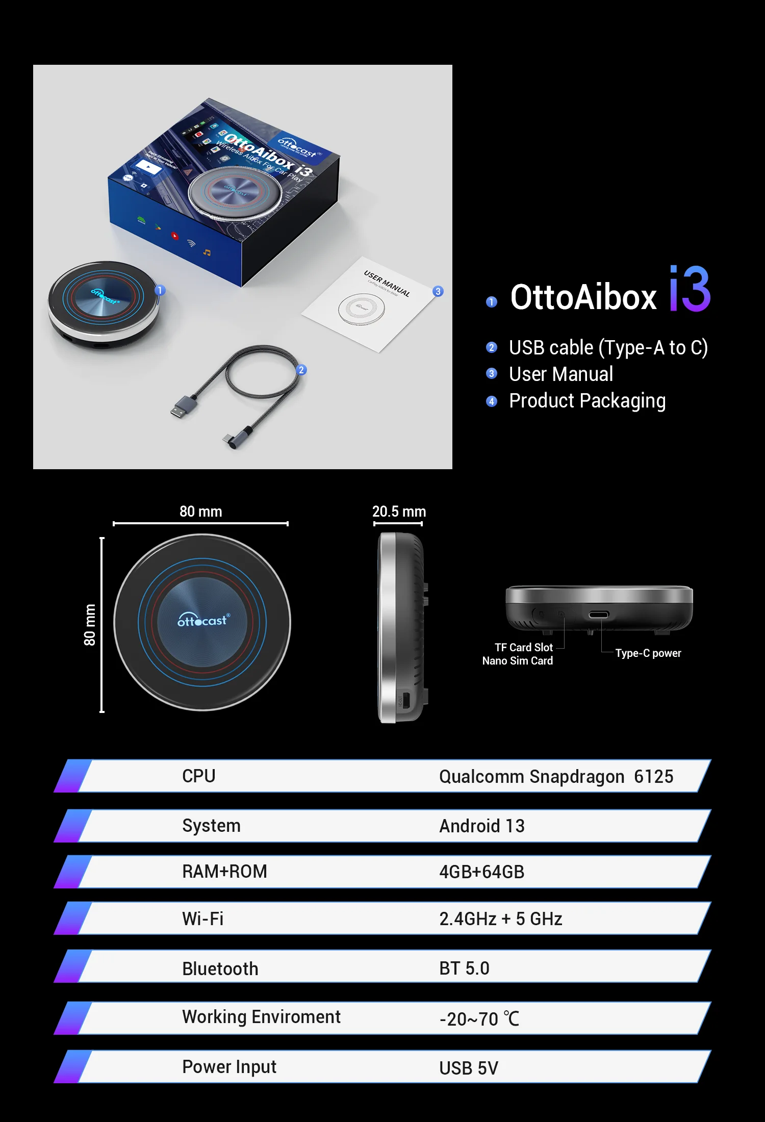 OTTOCAST OttoAiBox I3 Kabelloses CarPlay Snapdragon 6125 Android 13 AI Box für Netflix für BMW ID6 ID7 ID8 ID9 Auto-Zubehör – Detail 8