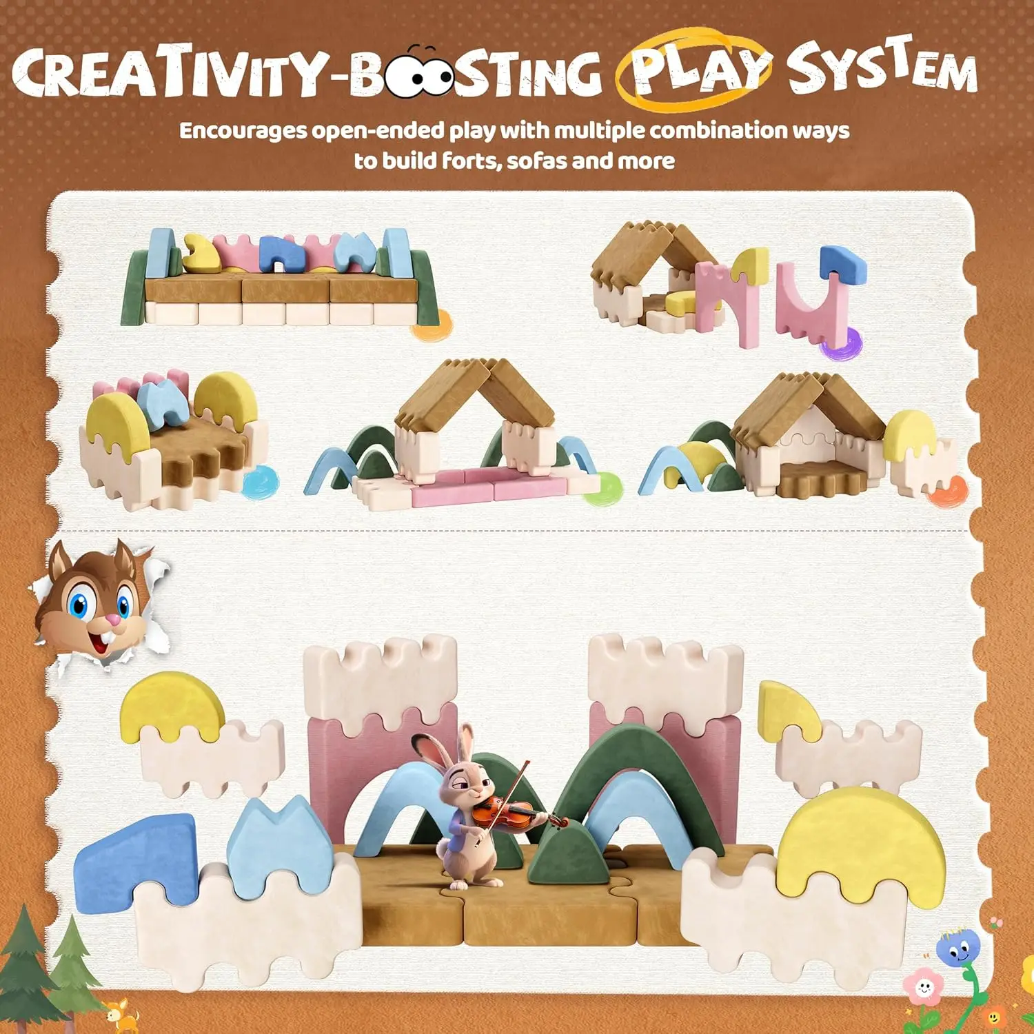 22 قطعة من أريكة اللعب المعيارية للأطفال، أريكة إسفنجية قابلة للتحويل للعب الإبداعي في موضوع الغابة