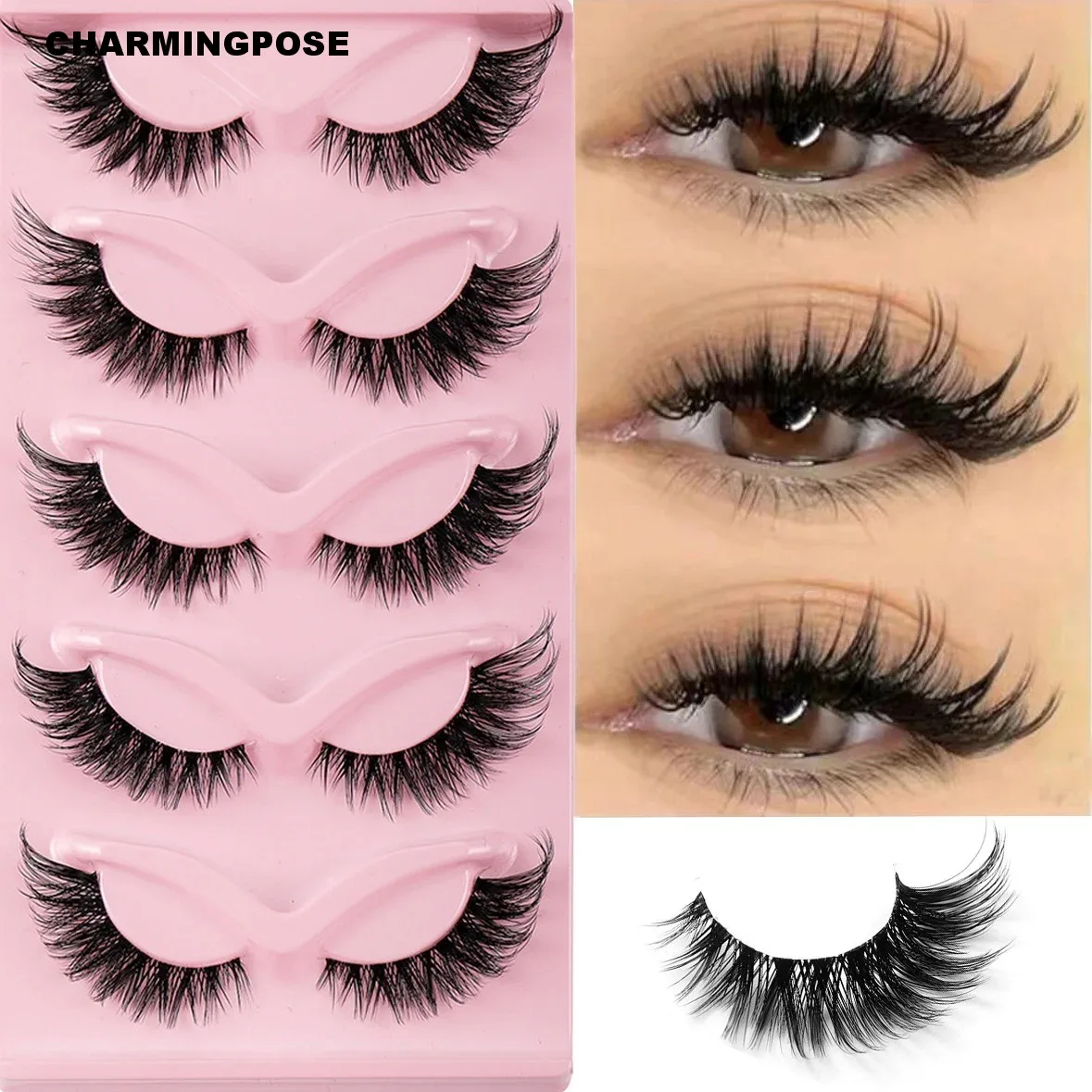 CHARMINGPOSE 5 paires de cils œil de chat |   Faux cils dramatiques naturels, faux cils en bande volumineuse en vison |   Réutilisable sans cruauté