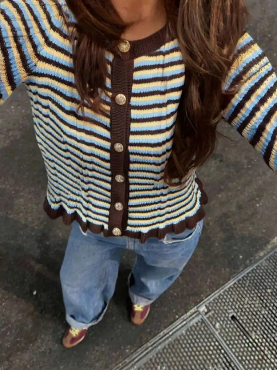 

Striped Button-Front Knit Cardigan with Ruffle Hem, Long Sleeve, Round Neck, Casual Street Style