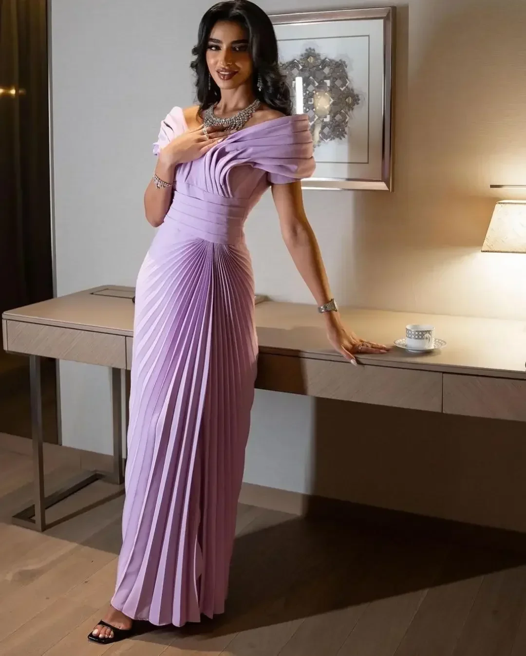 

Customized Lilac Luxury Evening Dresses Mermaid Pleat Prom Dresses Off Shoulder Floor Length Saudi Arabia Women's Party Gowns