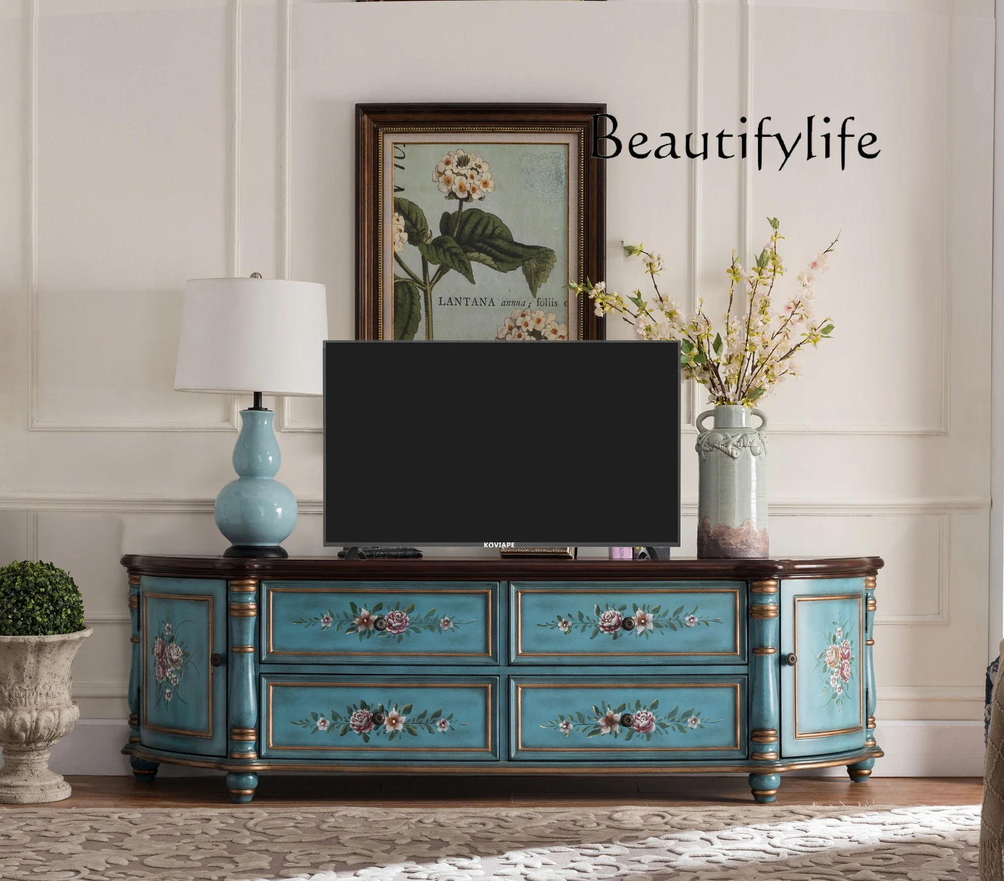 

muebles de salónAmerican-Style Solid Wood Retro TV Cabinet and Tea Table Combination Storage Floor Cabinet Storage Painted TV Ca