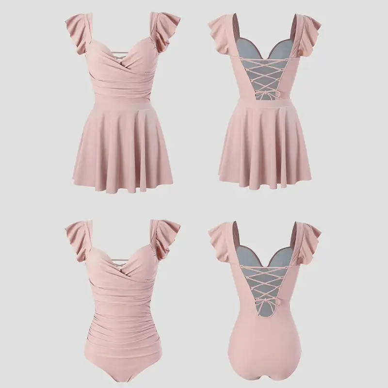 Fairycore-traje de baño Ulzzang de dos piezas para mujer, cuello en V liso con traje de baño, ajustado, conservador, moda coreana, soporte de acero para piscina BF