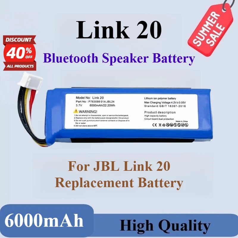 

High Quality Brand New P763098 01ARechargeable Battery 3.7V 6000mAh For JBL Link 20 Bluetooth Speaker Replacement Battery