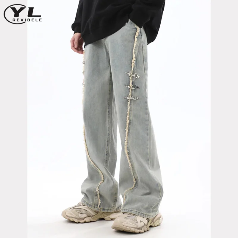 Metal Design Wide Leg Denim Pants Men Women Harajuku High Street Raw Edge Straight Vintage Jeans Baggy Casual Trousers Spring