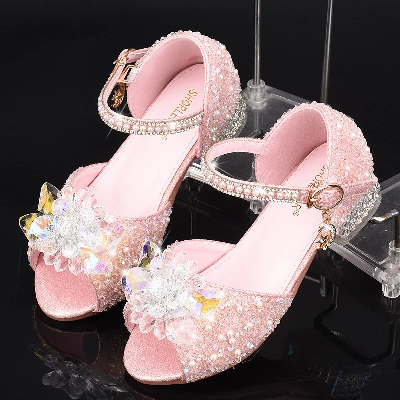 Princess Girls' Crystal White High-Heeled Model Show Competition Performance Shoes