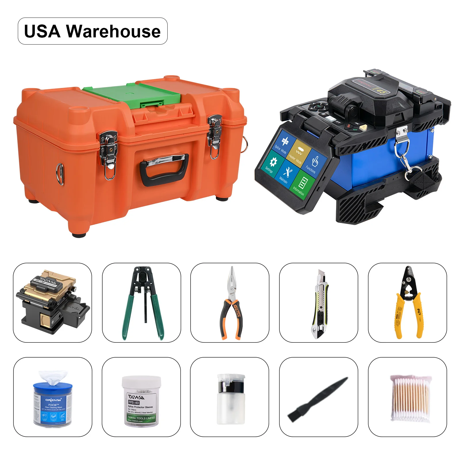 Orientek T45 Fiber Optic Splicing Machine Fusion Splicer 7S Splicing，18S Heating. 0.01dB Loss with 3 Years Warranty