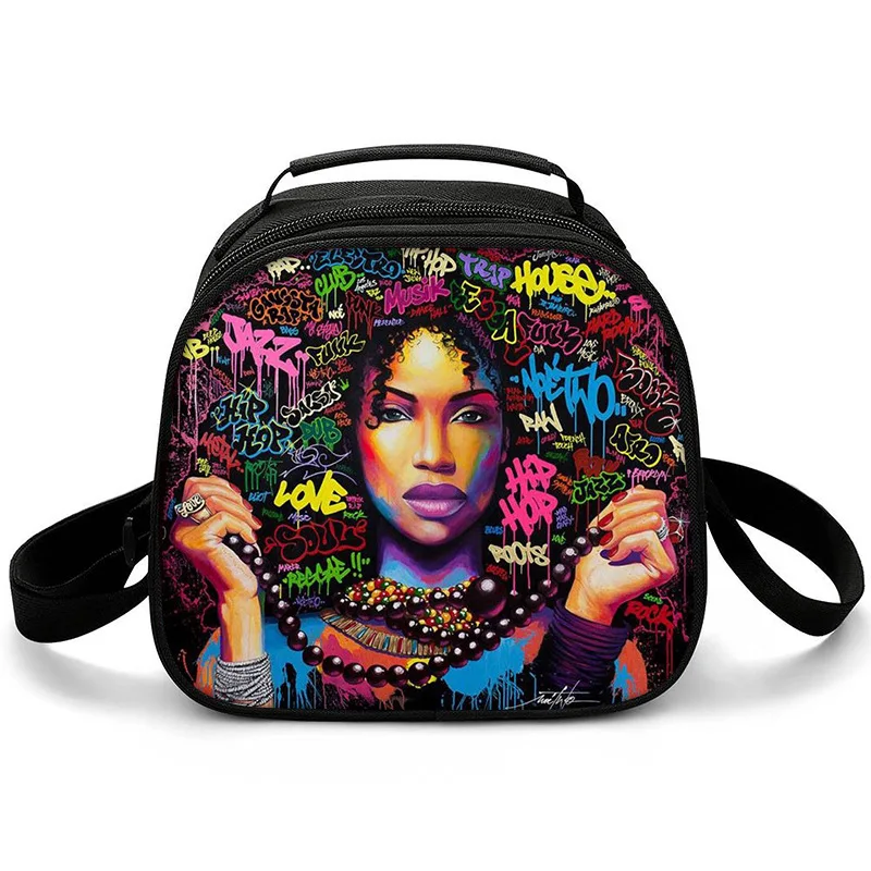 Popular Crossbody African girls Semicircle Lunchbox Thermal insulation Food Lunch Bag 3D Printed Insulated Handbags Ice Bags