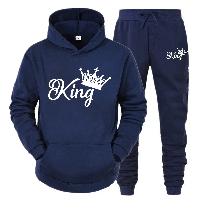 King Printed Autumn Winter Outdoor Sport Hoodies Cotton Fleece Tracksuit 2 Pieces Sets Sweatshirt+Pants Suit Hooded Sportswear