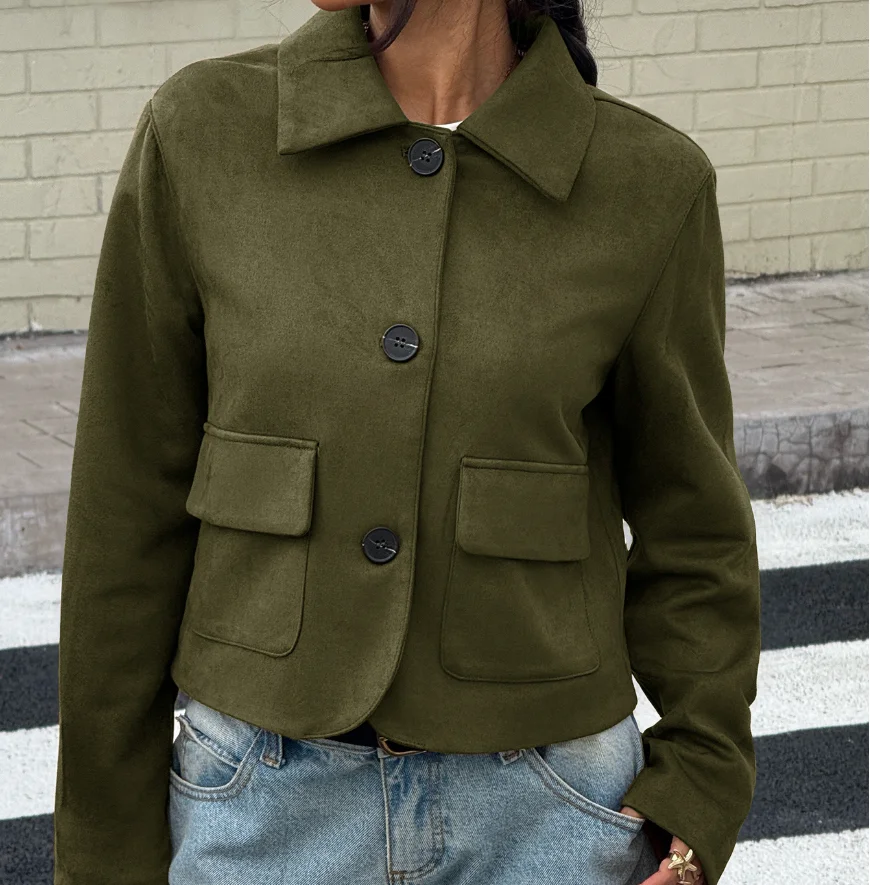 

Autumn New Retro Style Lapel Button Front Short Jacket, Women's Deer Skin Solid Color Warm Long Sleeved Short Jacket