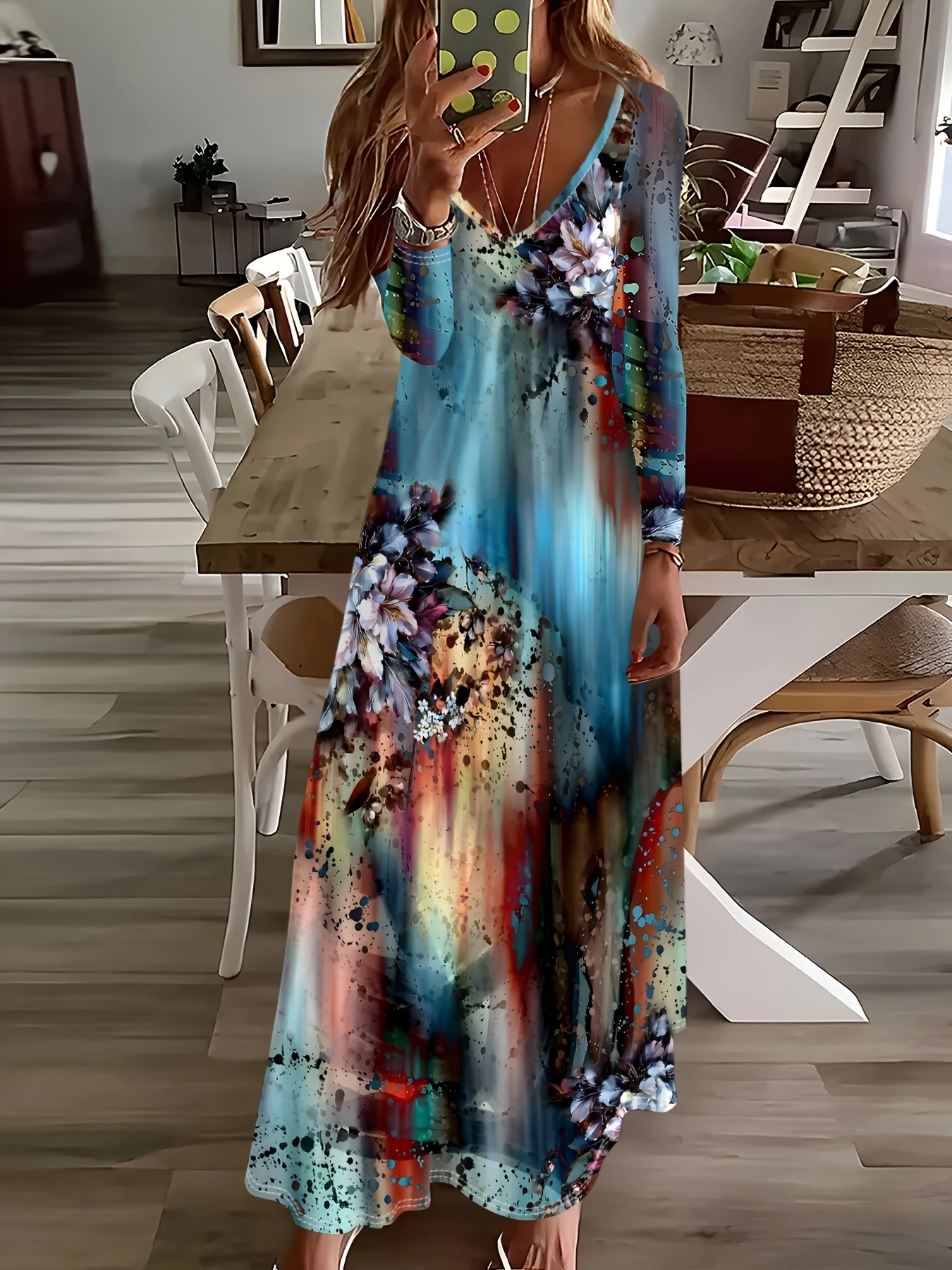 Abstraktes Aquarell-Blumenmuster Urlaubskleid für Damen Langarm V-Ausschnitt Midikleid Sommer Lässiges Fließendes A-Linien-Kleid