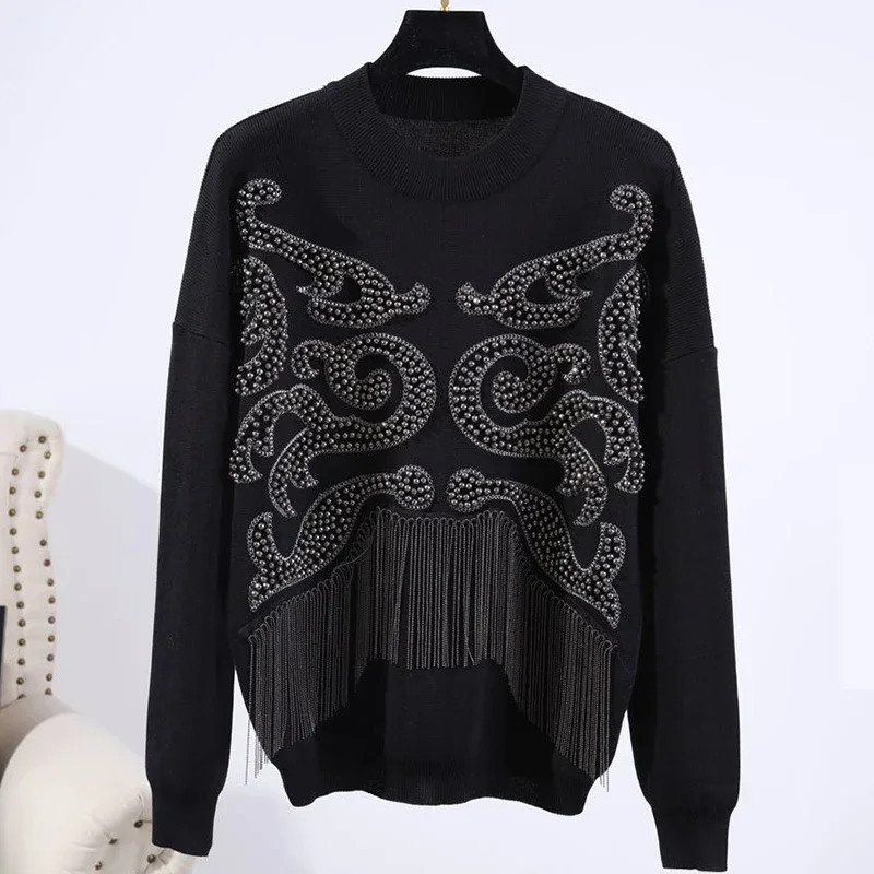 수제 비즈 체인 태슬 캐주얼 트랙슈트 여성용 O넥 풀오버 스웨터 팬츠 니트 스포츠 세트 블랙 그레이