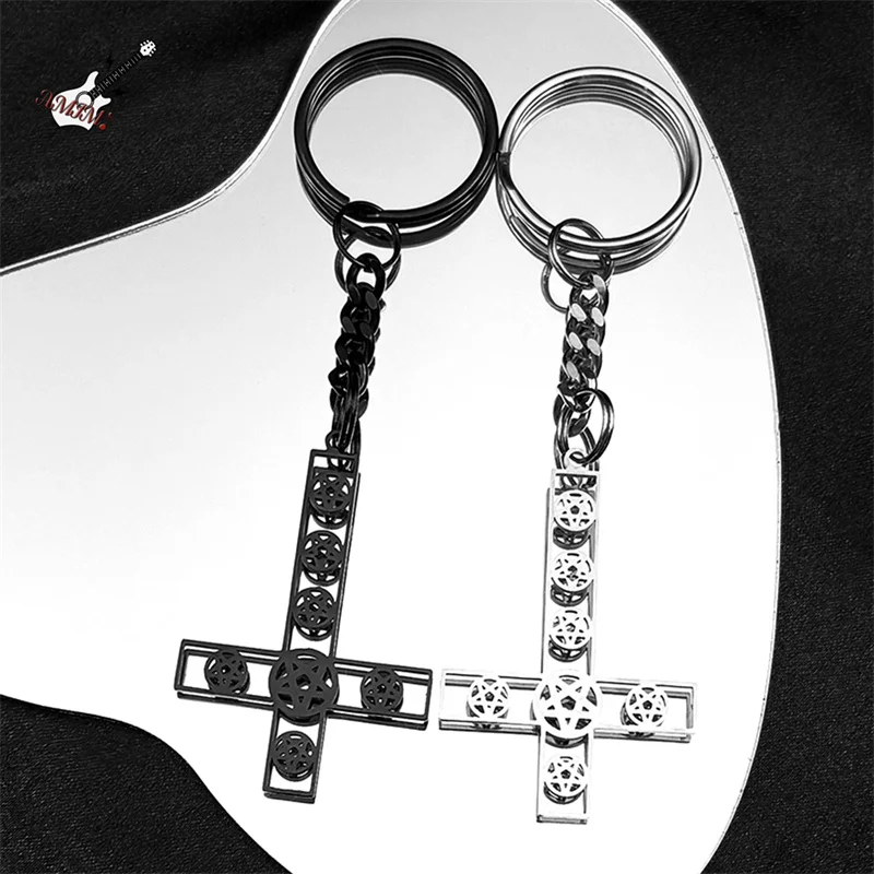 Gothic Punk Inverted Cross Star Key Chain for Women Men Stainless Steel Black Color Upside Down Pentagram Key Ring Jewelry