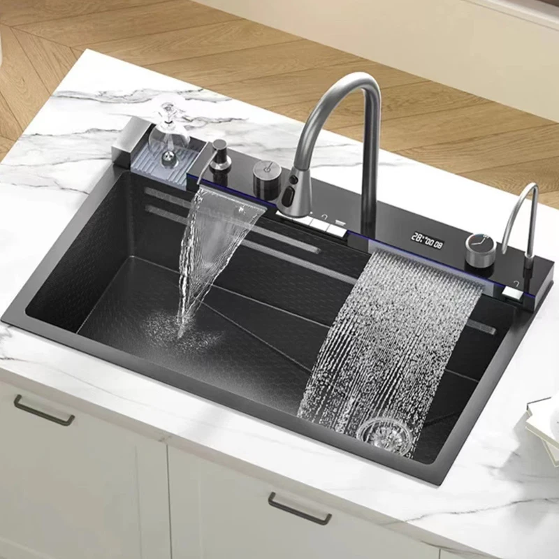 304 Stainless Steel Kitchen Sink with Digital Display Waterfall Faucet, Multifunctional 75*45cm Large Single Slot Whale Sink