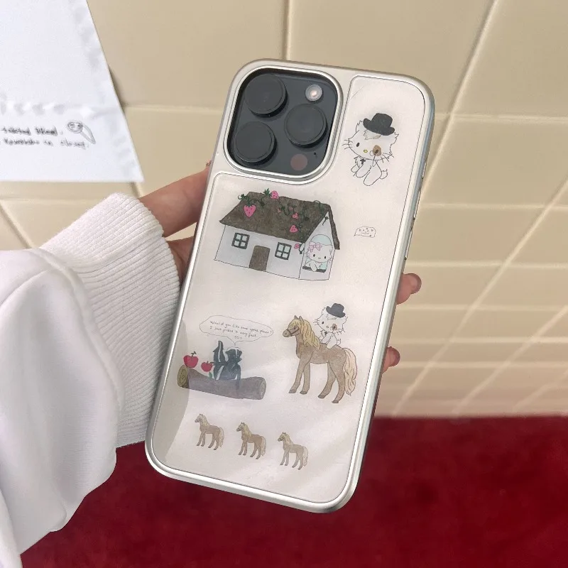Das Pony und die Katze schwarz/silberne, stoßfeste Handyhülle mit Rand für iPhone 17, 16, 15, 14 Pro Max