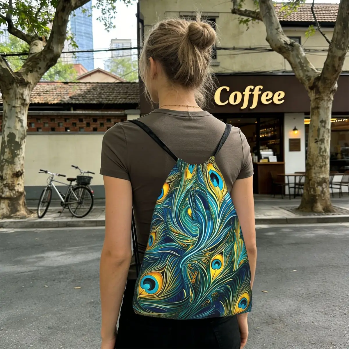 Colorful Peacock Feather Backpacks Multi-function Drawstring Bundle Pocket Sports Bag Book Bags for Man Woman Students