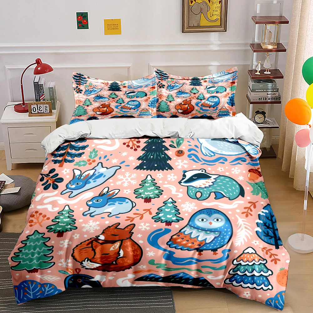 Winter forest animals illustration Duvet Cover Set Digital Print Colorful Polyester Bedding with Zipper Closur for kids gifts