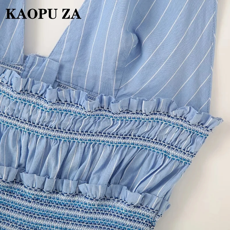 KAOPU ZA 2024 New Summer Women's Chic Backless Halter Neck Top Ladies Pleated Striped V-neck Sexy Fashion Top