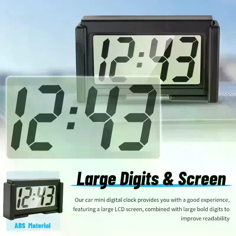 Large LCD Car Digital Clock Dashboard Display 12V Mini Size Portable for Vehicles Time Tracking Accessory