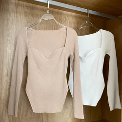 Women Chic Square Collar T-shirt Slim Mesh French Fashion Sweet Knit Long Sleeves Top Autumn Winter Women Hotsweet Beach Blouse