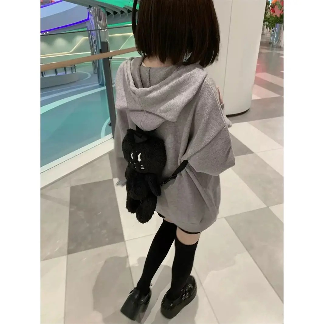 Women Y2k Gray Kawaii Eat Hooded Loose Sweaters Coats Cardigan Long Sleeve Cartoon Cat Korean Preppy Style Sueter Mujer