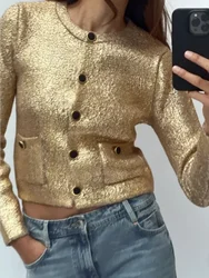 Fashion Golden Bright Surface Knit Pullover Women Chic O Neck Long Sleeve Button Sweater Lady New Fall Highstreet Style Knitwear