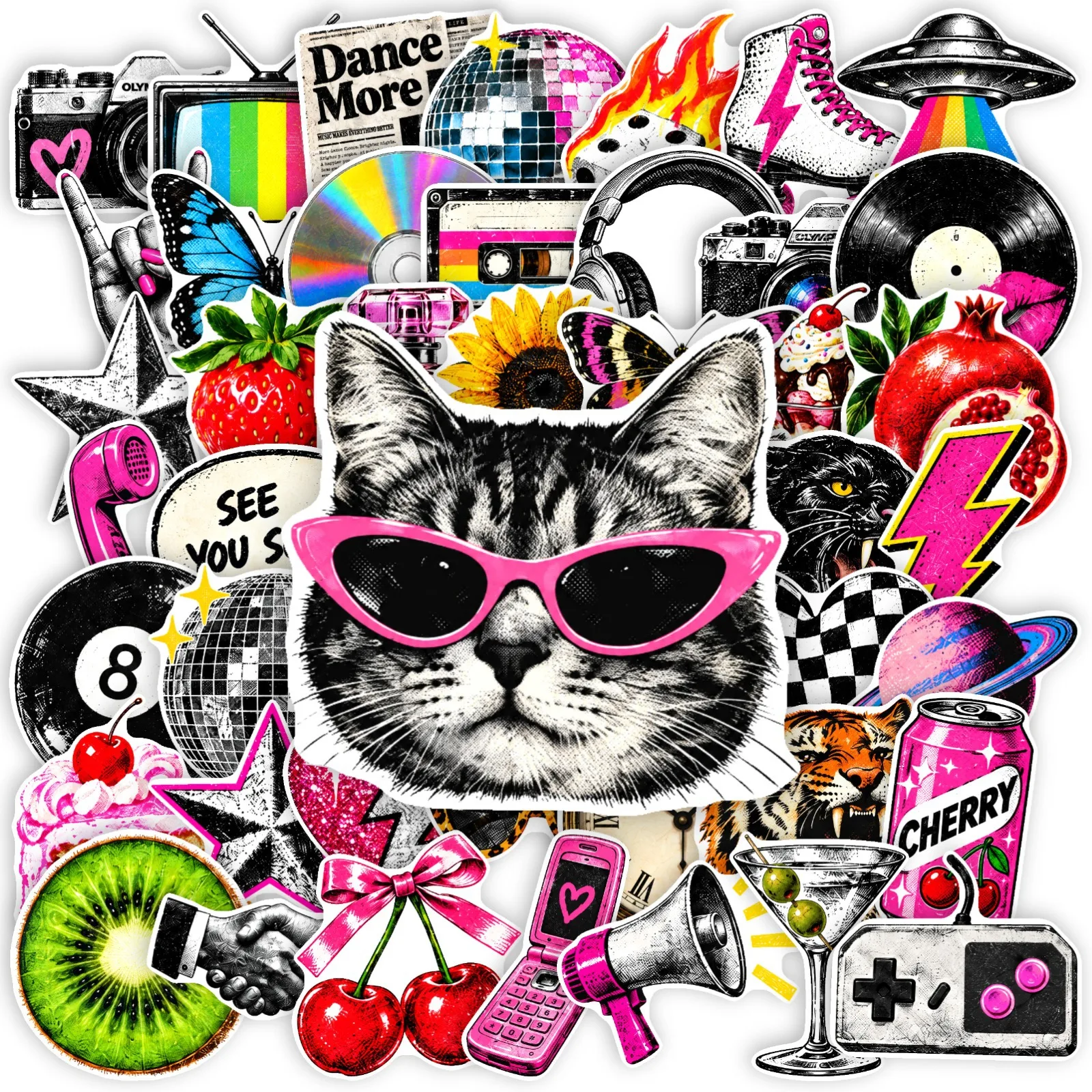 50 PCS American Retro Disco 90s Nostalgic Y2K Style Stickers Pack Skateboard Helmet Speaker Waterproof Stationery Decals