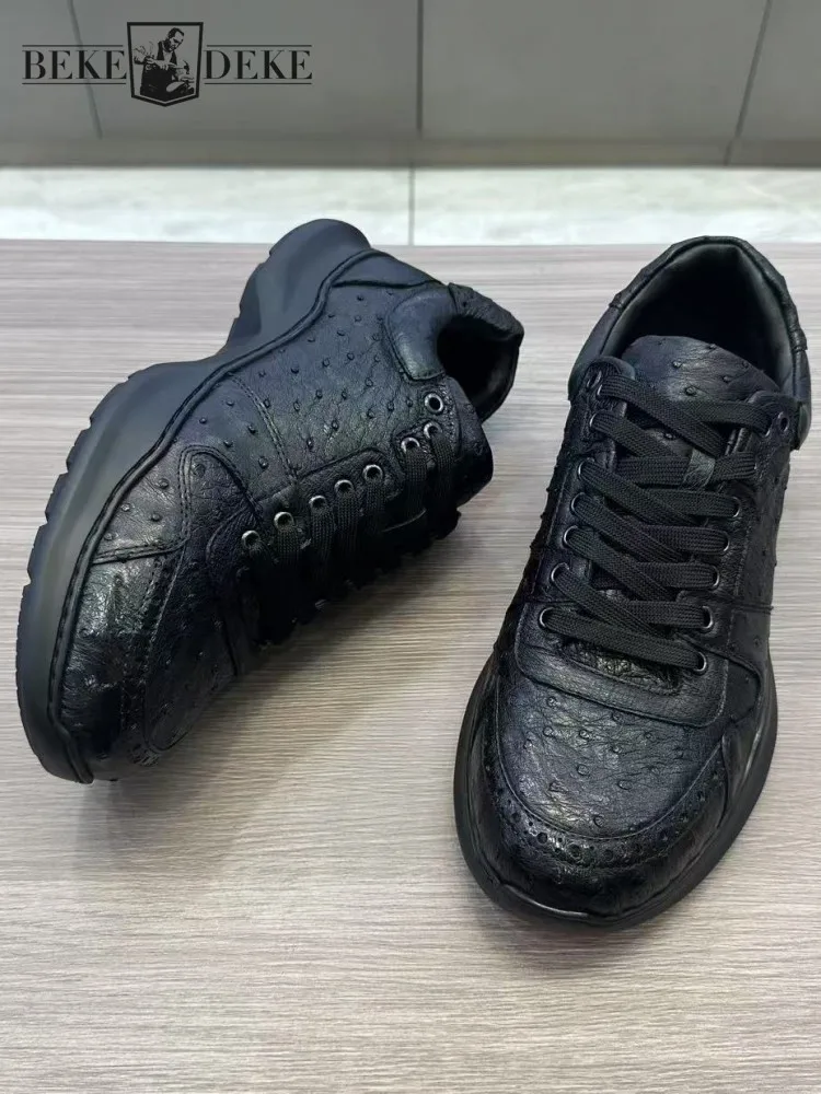 Concise Style Round Toe Platform Ostrich Leather Lace-Up Casual Shoes Genuine Leather Platform Solid Color Low-Heel Men Footwear