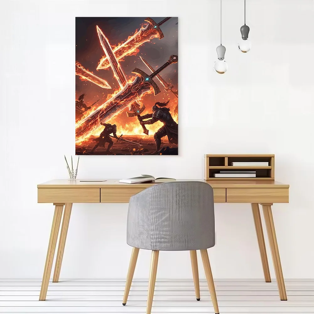 Fiery Swords and Armored Warriors Canvas Poster Customizable Pictures Wall Art Canvas Painting for Living Room Decoration Gaming