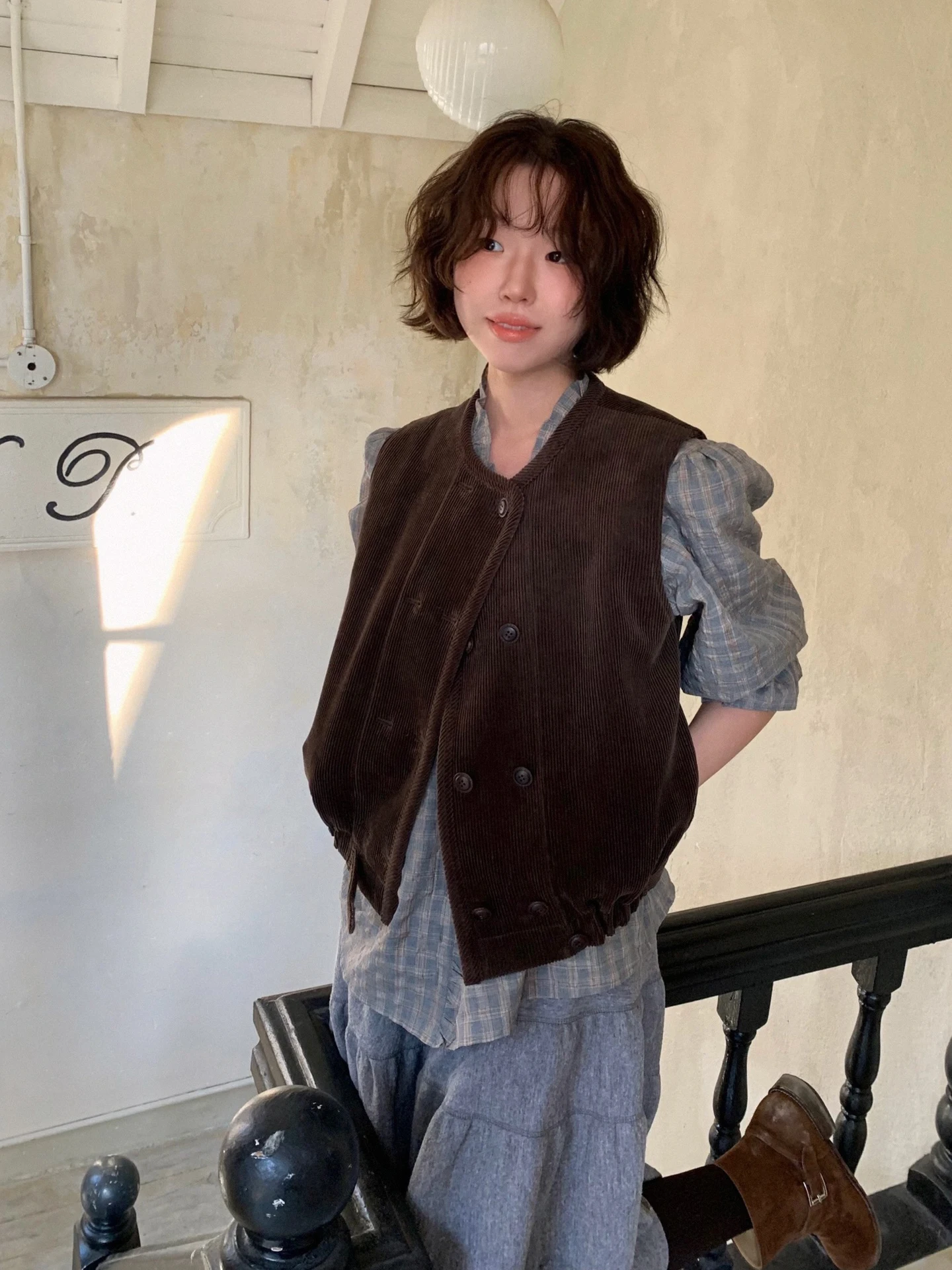 Conjunto de Blusa de Corduroy MOSA e Calças Casuais de Cintura Alta, Estilo de Trabalho Feminino, Blusa de Algodão com Decote...